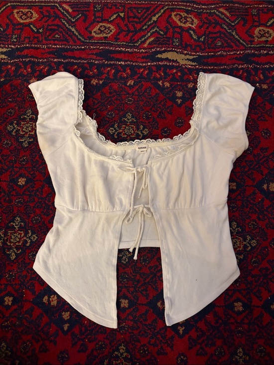 Garage Tops - GARAGE White Lace-Trim Ribbed Tie-Front Top